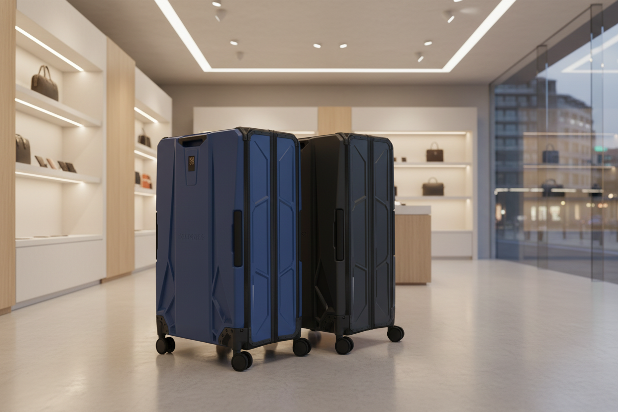 Hartschalenkoffer in Dunkelblau und Anthrazit nebeneinander im Showroom