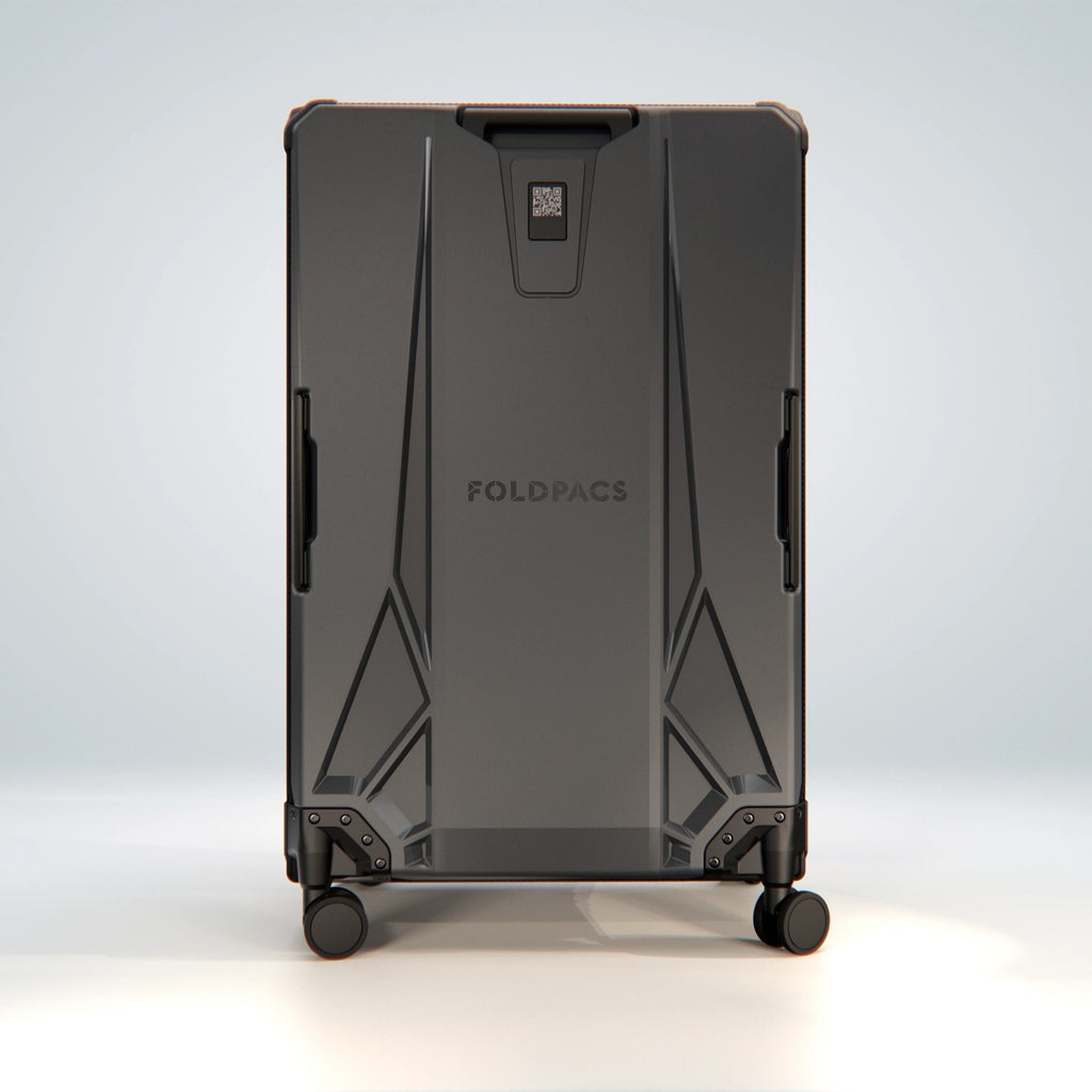 FOLDPACS suitcase in anthracite, straight-on front view with recessed handle and reinforced frame