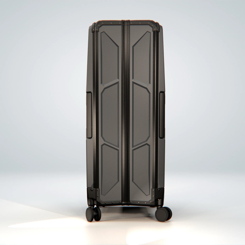 FOLDPACS suitcase in anthracite, upright side view showing the slim profile of the hard shell