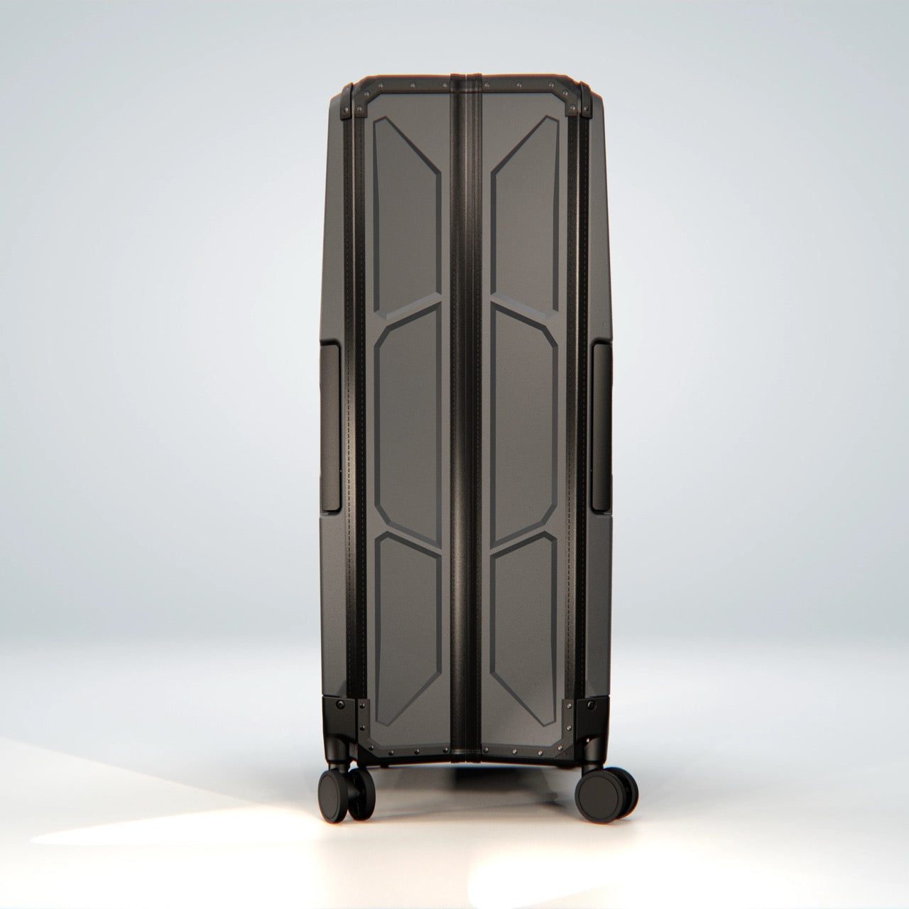 FOLDPACS suitcase in anthracite, upright side view showing the slim profile of the hard shell