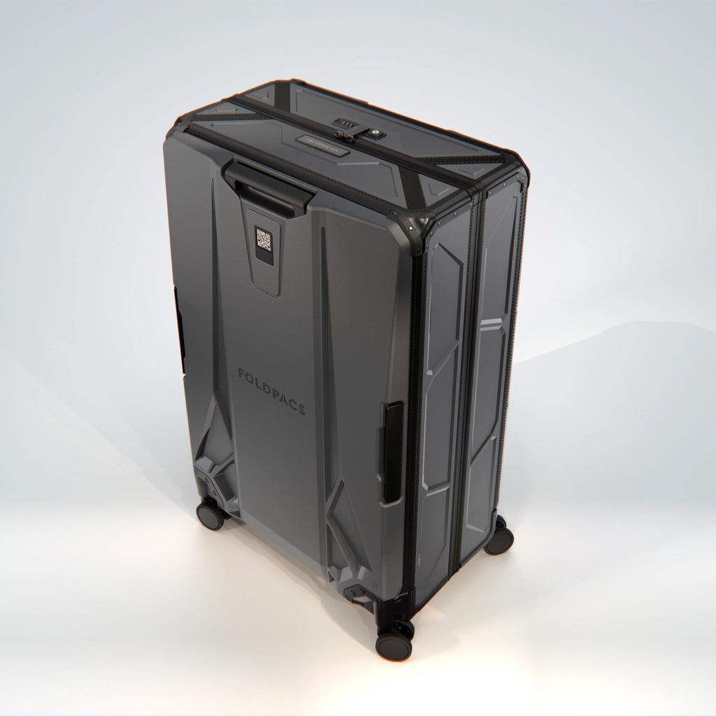 Anthracite FOLDPACS foldable hard-shell suitcase, three-quarter angled view