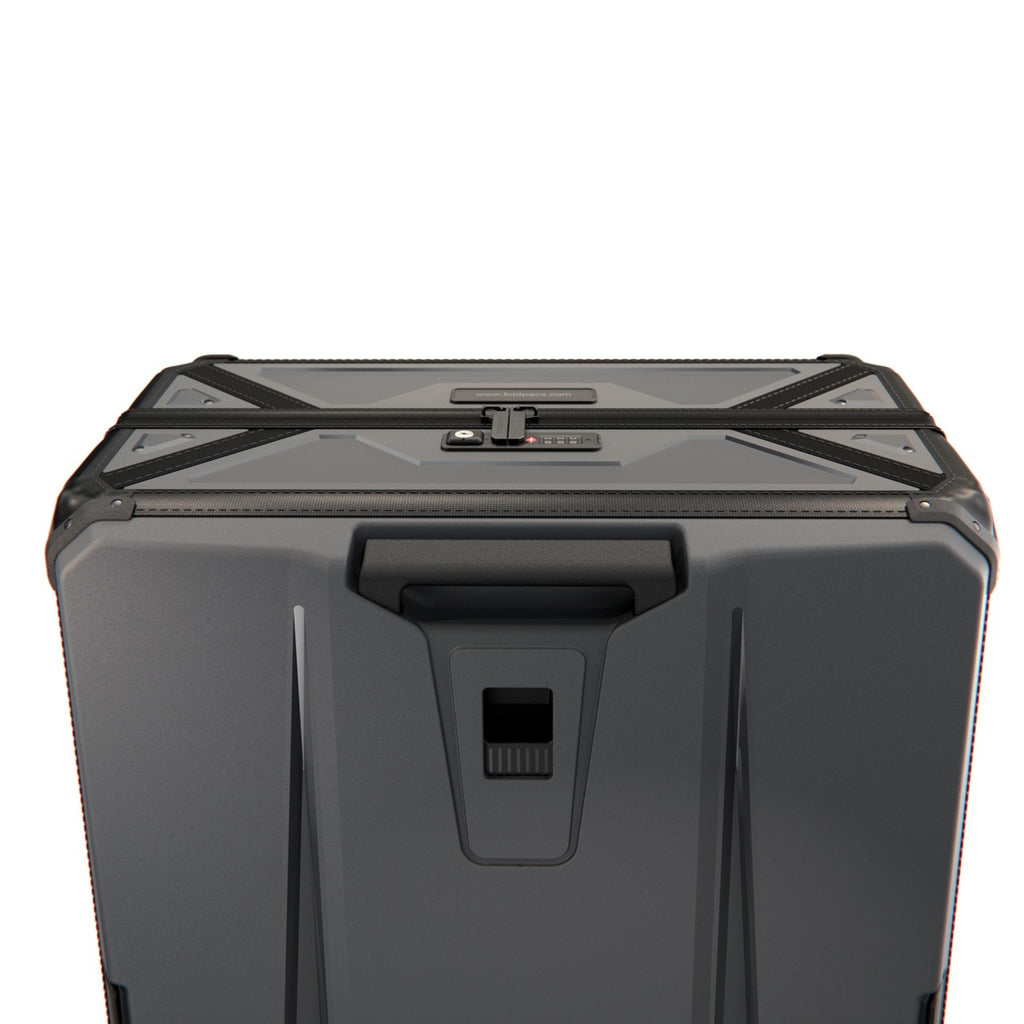 Closed anthracite FOLDPACS suitcase, rear view with integrated grab handle