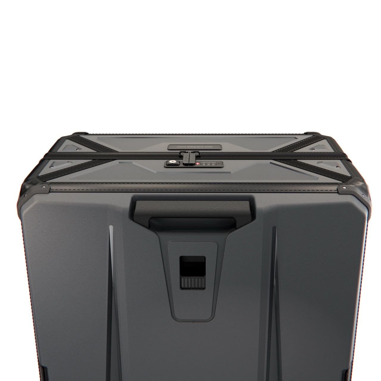 Closed anthracite FOLDPACS suitcase, rear view with integrated grab handle