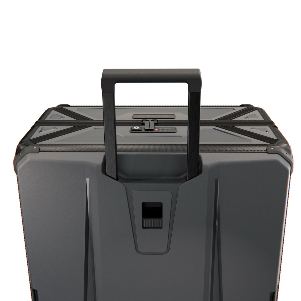 Anthracite FOLDPACS suitcase with the telescopic handle extended, angled view