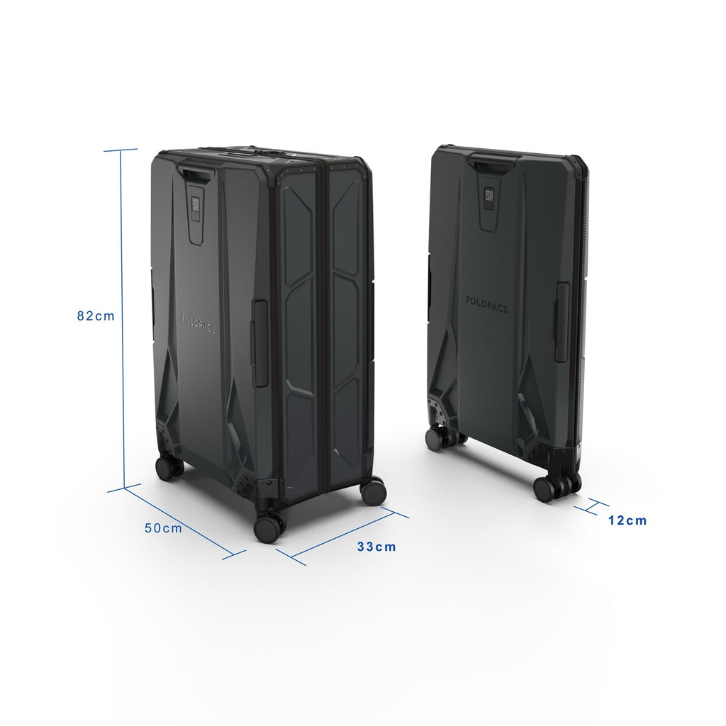 Anthracite FOLDPACS suitcase dimensions shown from two angles with measurements