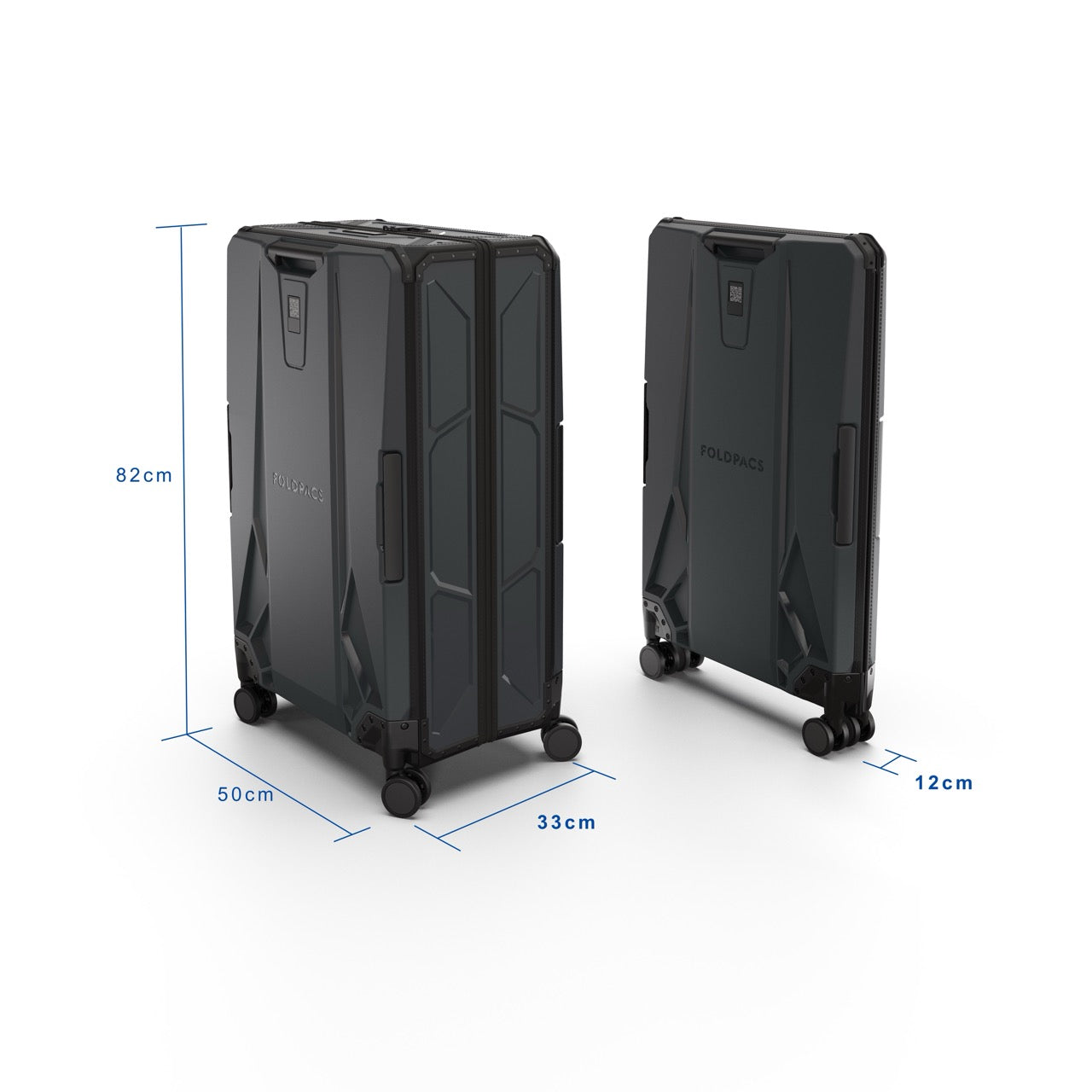 Anthracite FOLDPACS suitcase dimensions shown from two angles with measurements