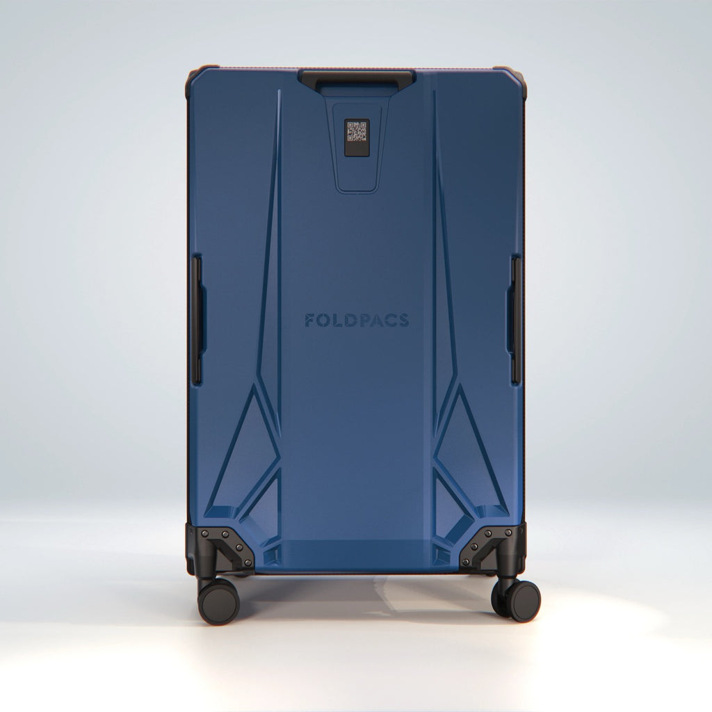Navy FOLDPACS suitcase standing upright, full rear view