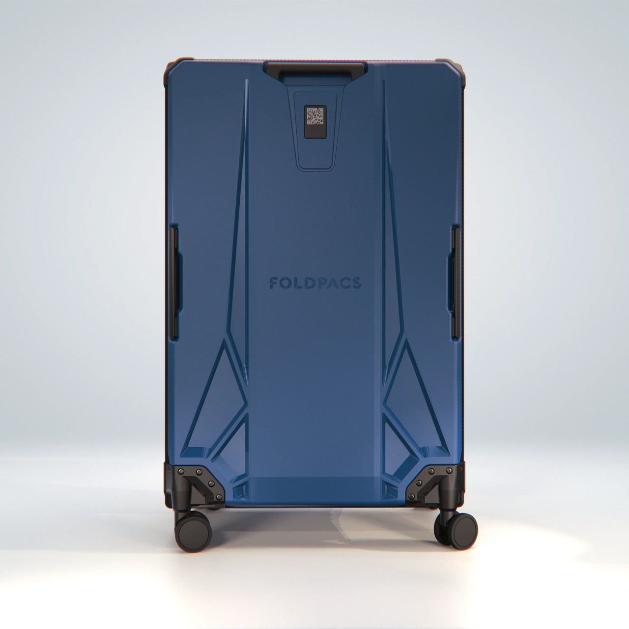 Navy FOLDPACS suitcase standing upright, full rear view