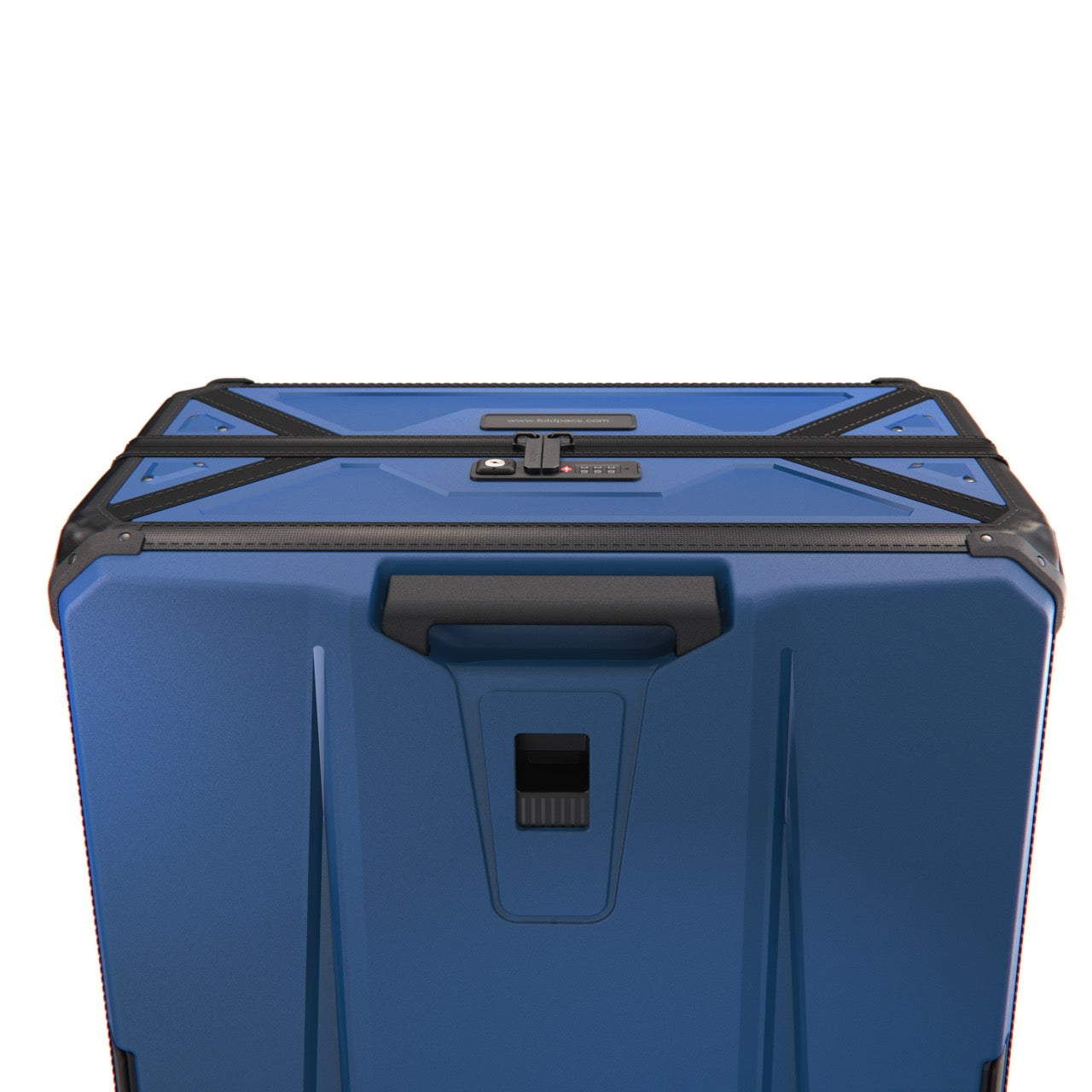Close view of the navy FOLDPACS suitcase showing the integrated top handle