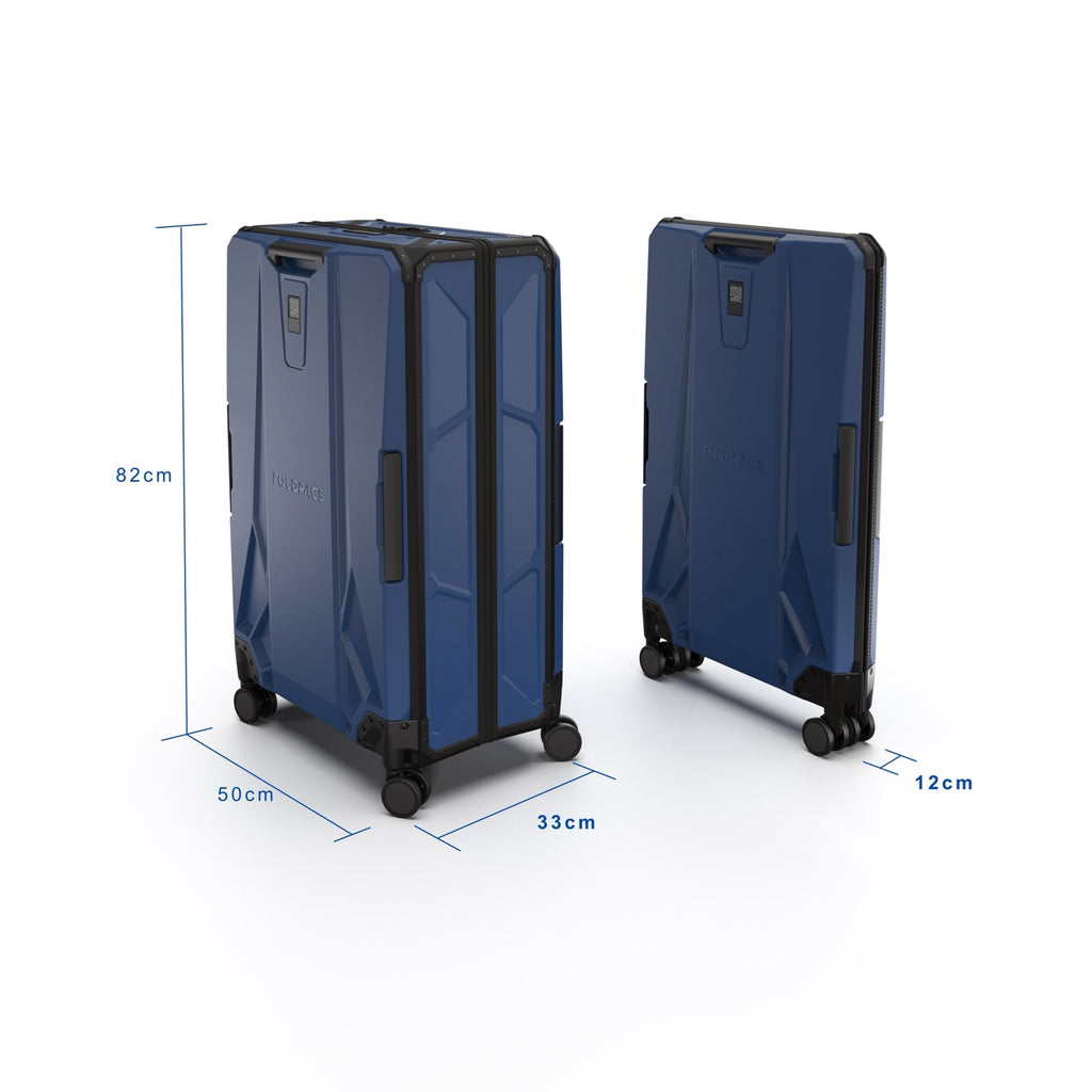 Dimensions of the navy FOLDPACS suitcase shown in front and side view